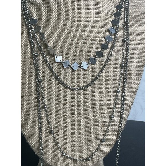 Multi-Layer Silver-Tone Chain Necklace With Geometric & Beaded Chains Adjustable - Picture 3 of 4